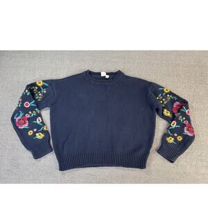 Cloth Sweater Crewneck Floral Embroidered Cropped Knit Navy Size XS